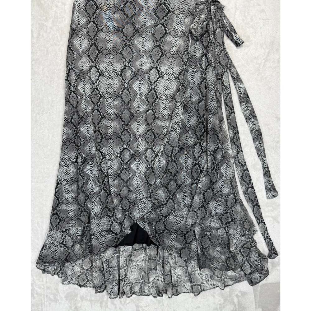 Betsey Johnson Snake Print Wrap Dress 16W Gray Black Hi Low Ruffle Hem Sheer - Picture 4 of 9